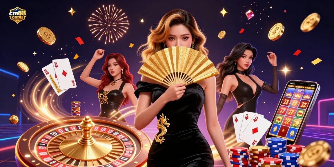 Experience high-stakes gaming at cm88 com with vibrant slot reels and elegant casino elements.