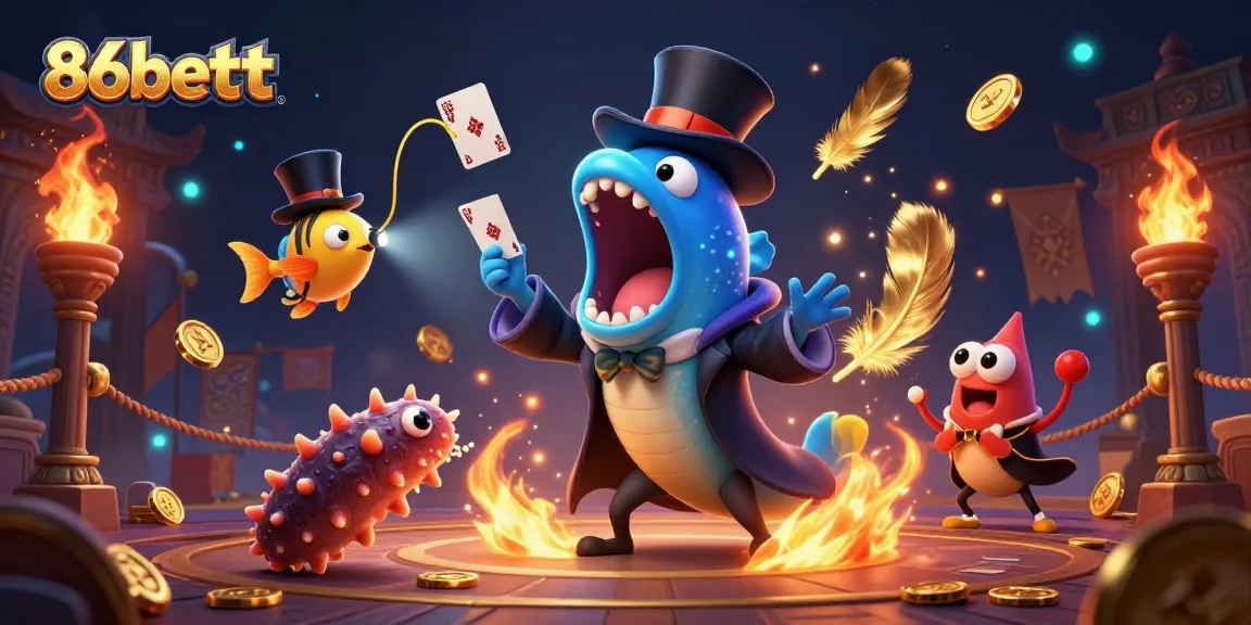 Experience the magic of 86bettt with a spirited underwater gambling scene featuring a bioluminescent eel performing card tricks.