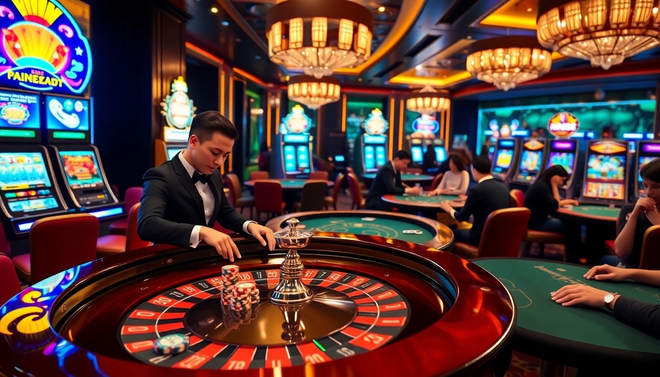 Players enjoying an exciting MM88 casino experience with vibrant games and luxury decor.