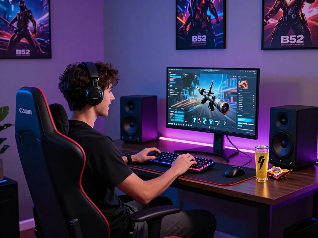 Engaged gamer enjoying B52 online gaming with RGB keyboard and LED lights.