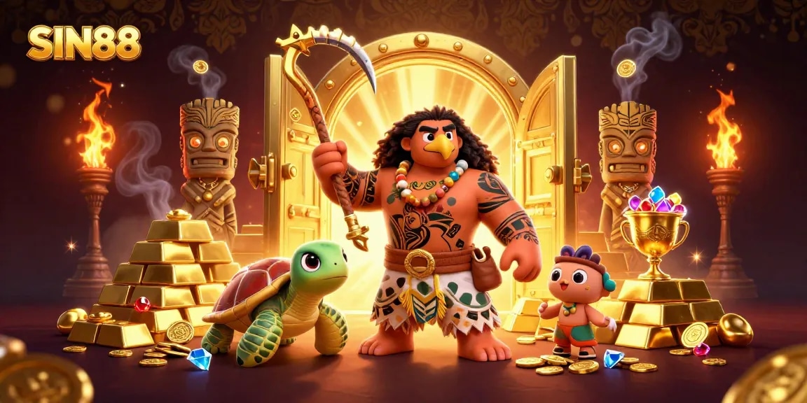 SIN88 players immerse in a vibrant 3D casino scene filled with treasures and excitement.