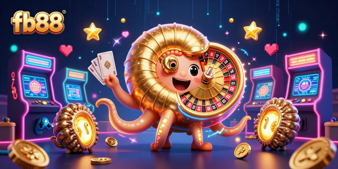 Engage with fb88's immersive gaming experience featuring a colossal nautilus roulette, sparkling coins, and vibrant arcade elements.