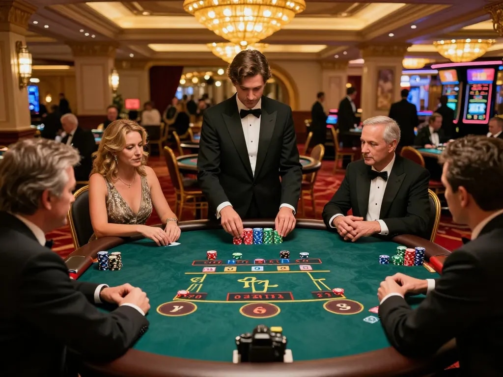 Sky88 players strategizing at a luxurious blackjack table, intense gameplay under ambient lighting