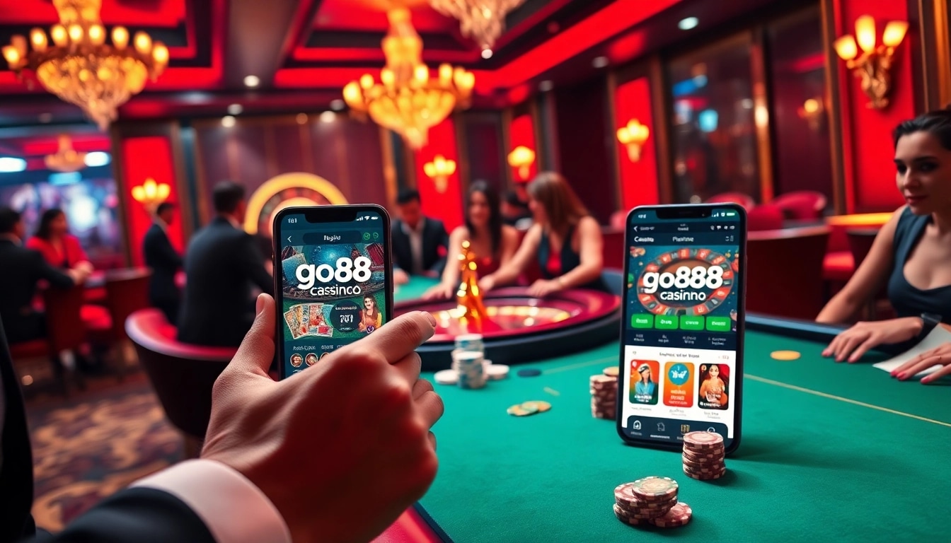 Exciting gambling scene featuring poker chips and players at https://go88casino.pro/ casino tables.