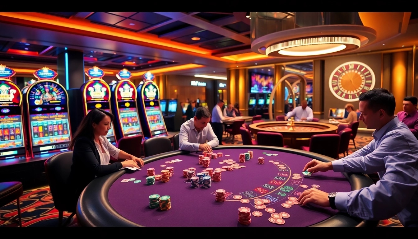 Gambling table at MMOO casino showcasing poker chips and cards in a luxury setting.