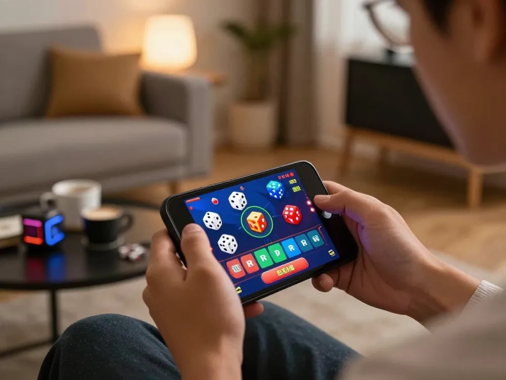 Engaging focus on tai xiu online betting while strategizing in a cozy home setting