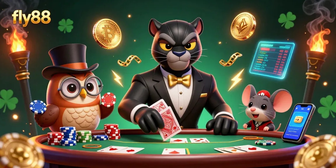 Experience thrilling poker action with fly88's stylish characters in a vibrant casino scene.