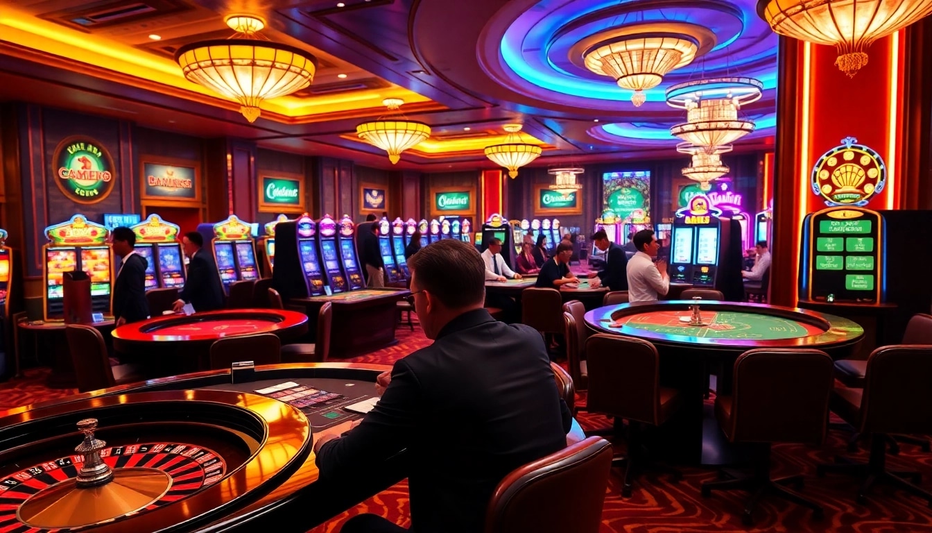 Experience the vibrant excitement of tt88 in a luxurious casino setting with players engaged at tables.