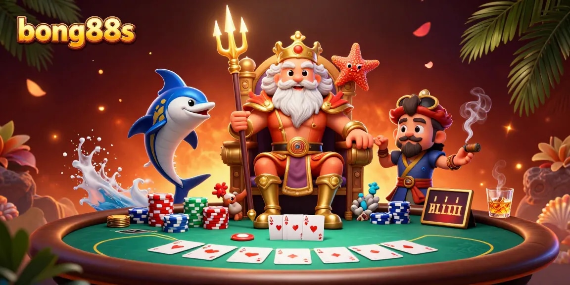 Engage in thrilling poker with bong88s featuring a vibrant scene of Neptune and characters.