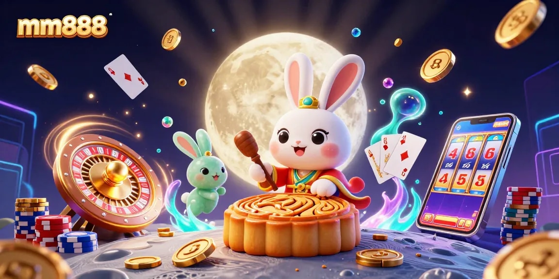 Experience thrilling gameplay at mm888 with a fantasy scene of a moon rabbit surrounded by casino elements.