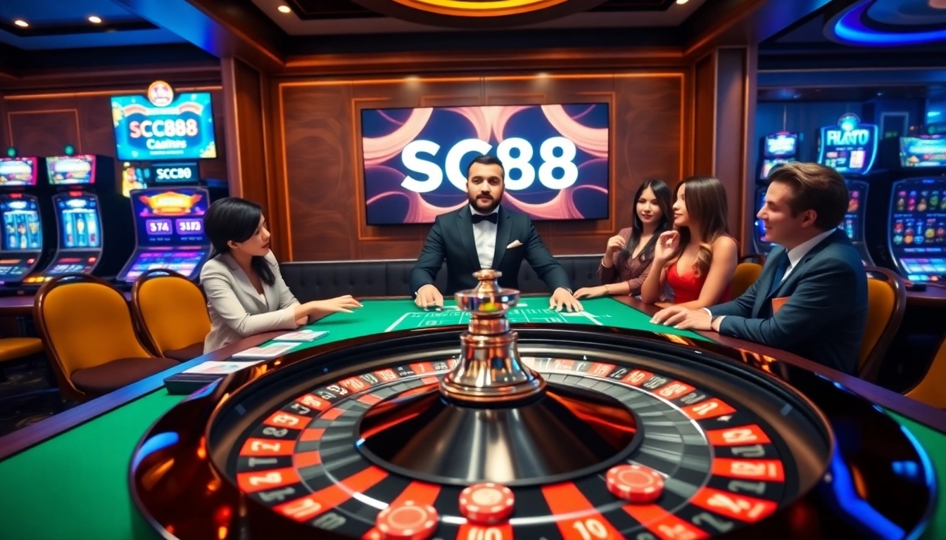 Experience the thrill of SC88 with an elegant casino setting featuring roulette and engaging players.