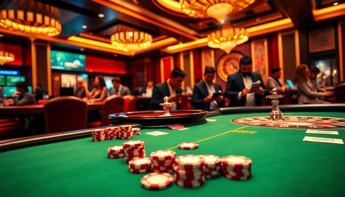 Exciting poker action at 58win casino with vibrant chips and cards in a luxurious setting.