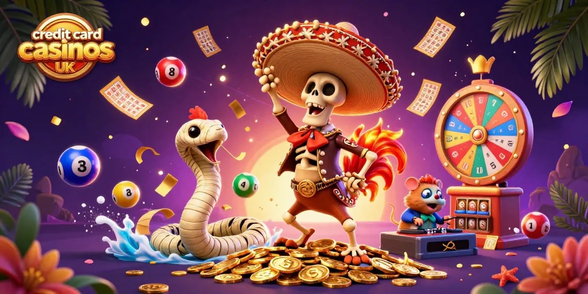 Experience vibrant excitement at credit card casinos uk with a 3D illustration of popular gaming elements.