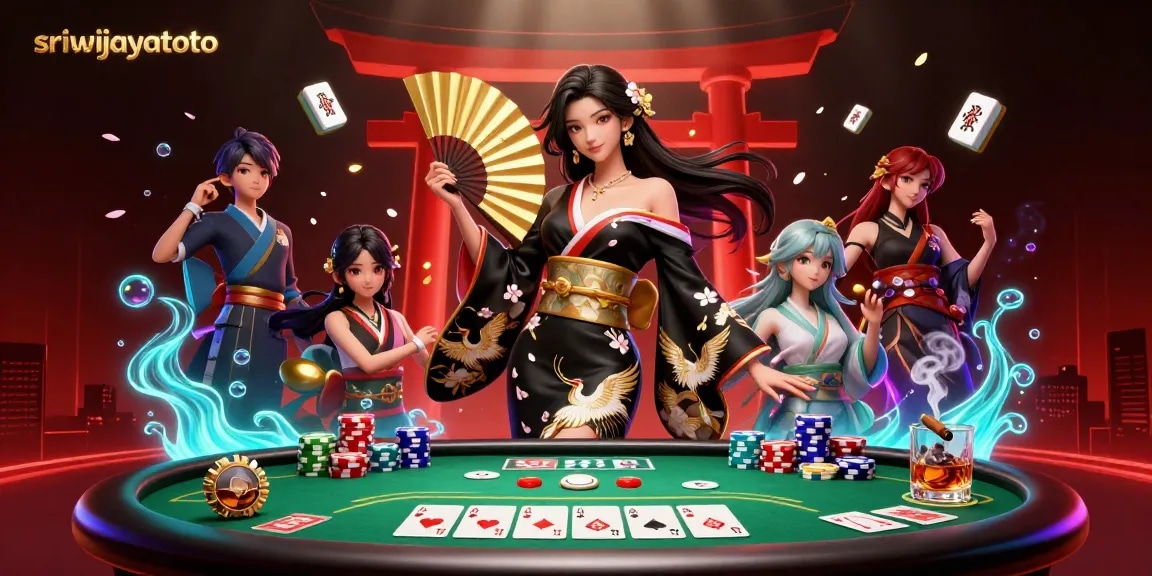 Sriwijayatoto showcases a vibrant 3D casino scene with poker elements and an elegant Asian woman.