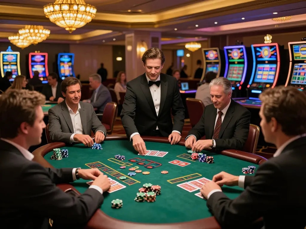 kubet77 players intensely betting at a blackjack table in a luxurious casino atmosphere.