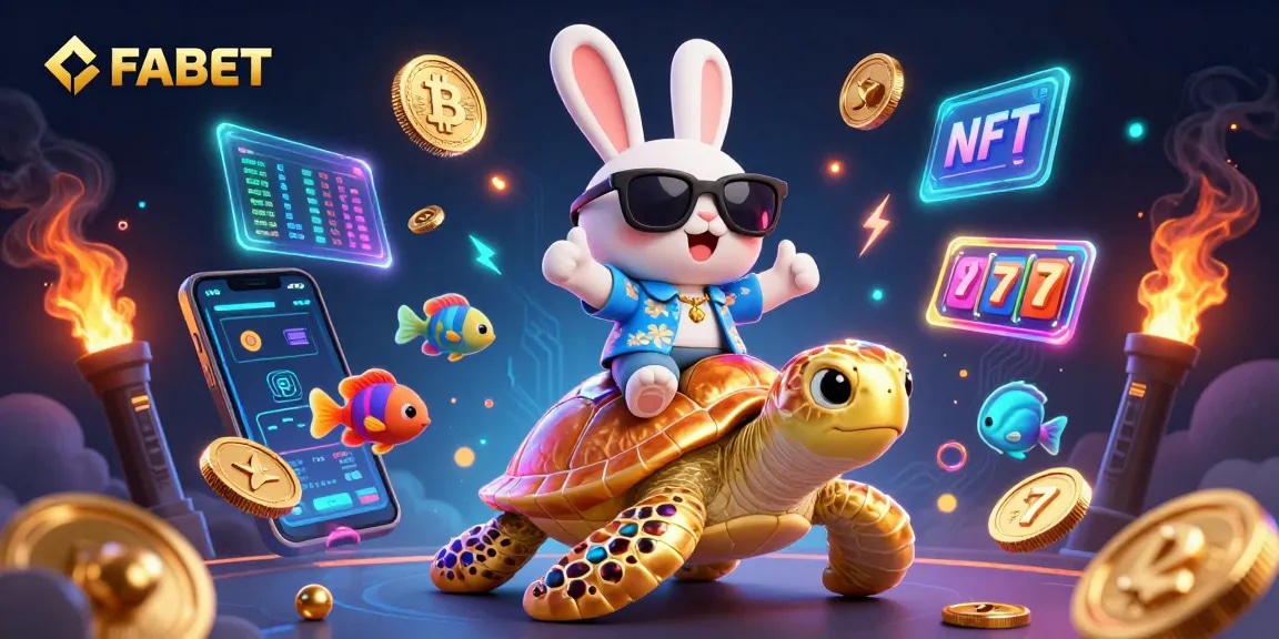 Engage with FABET's vibrant gaming scene featuring an adorable lucky rabbit and a golden turtle.