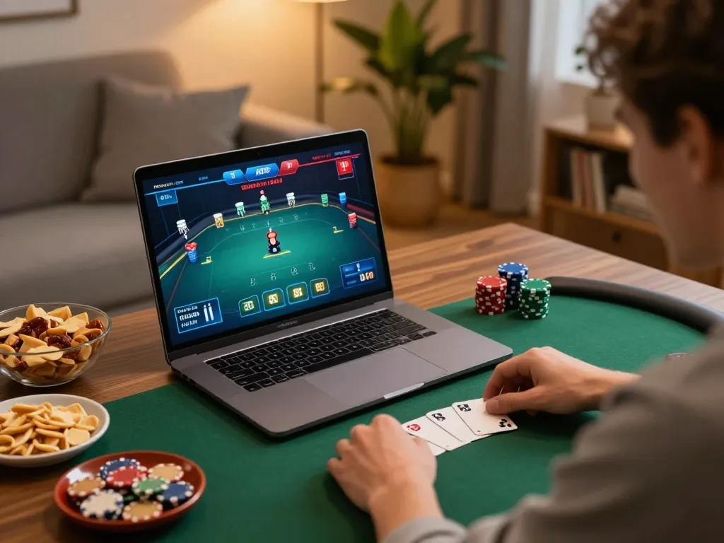 Player engaging in poker gameplay on a laptop at home, showcasing exciting 58wiin online gaming experience.