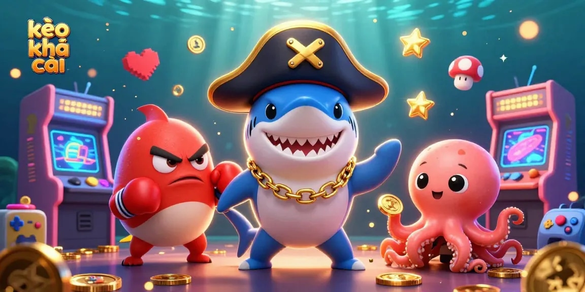 Bet at kèo nhà cái with a vibrant scene of a pirate shark, pufferfish, and octopus in an energetic casino