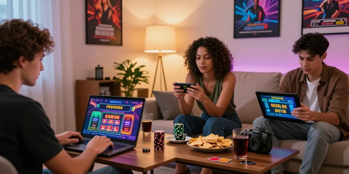 Engaging scene of players enjoying credit card casinos in a cozy living room, showcasing diverse gaming experiences.