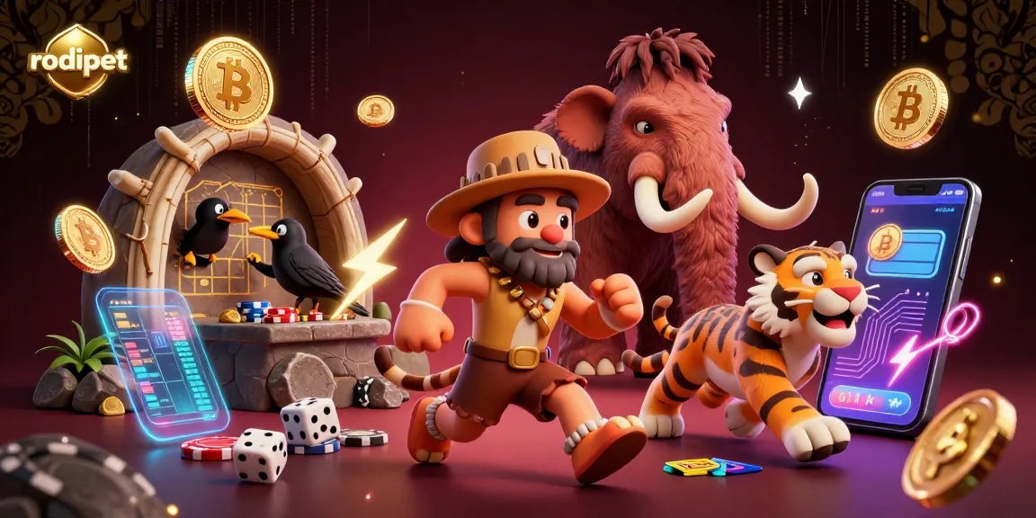 Engage in thrilling gameplay at rodipet's prehistoric casino featuring animated cavemen and crypto elements.