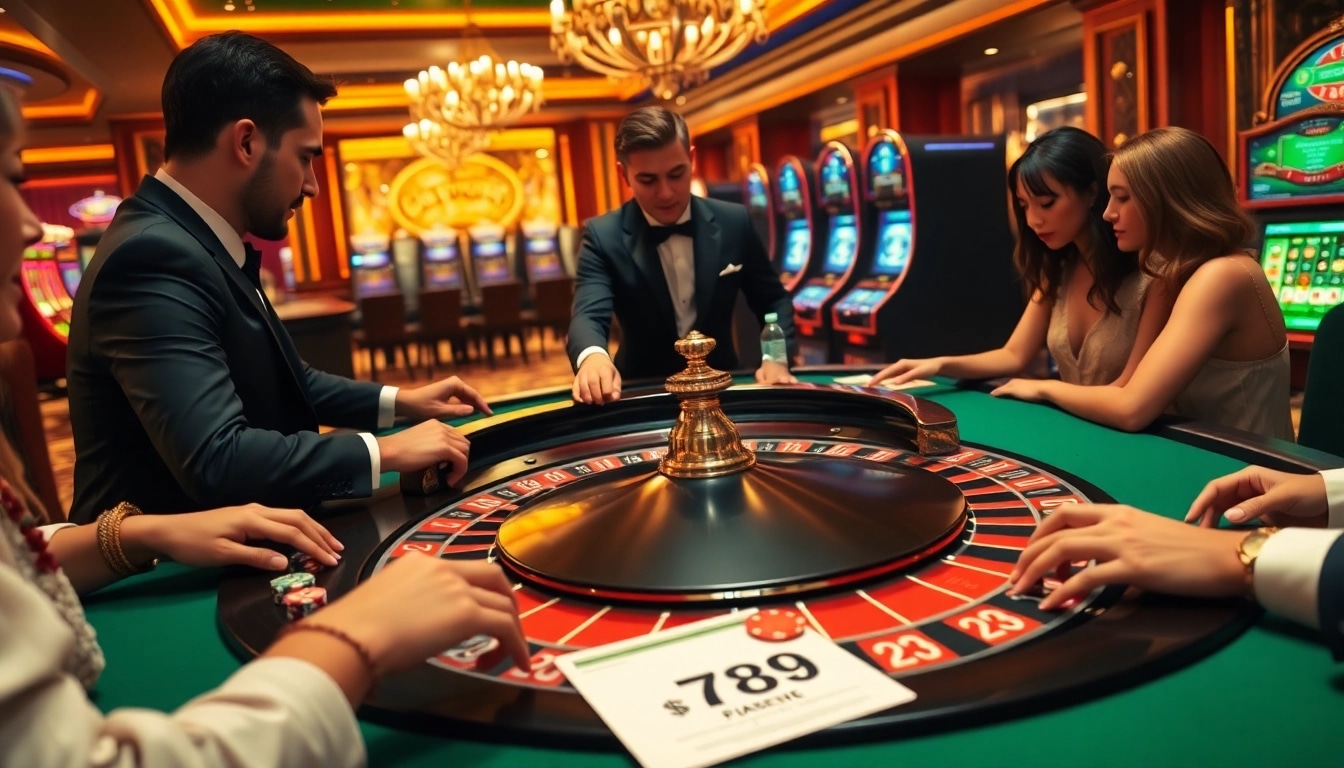 Engaging players at the luxurious 789F casino roulette table with vibrant atmosphere and high-end gaming elements.