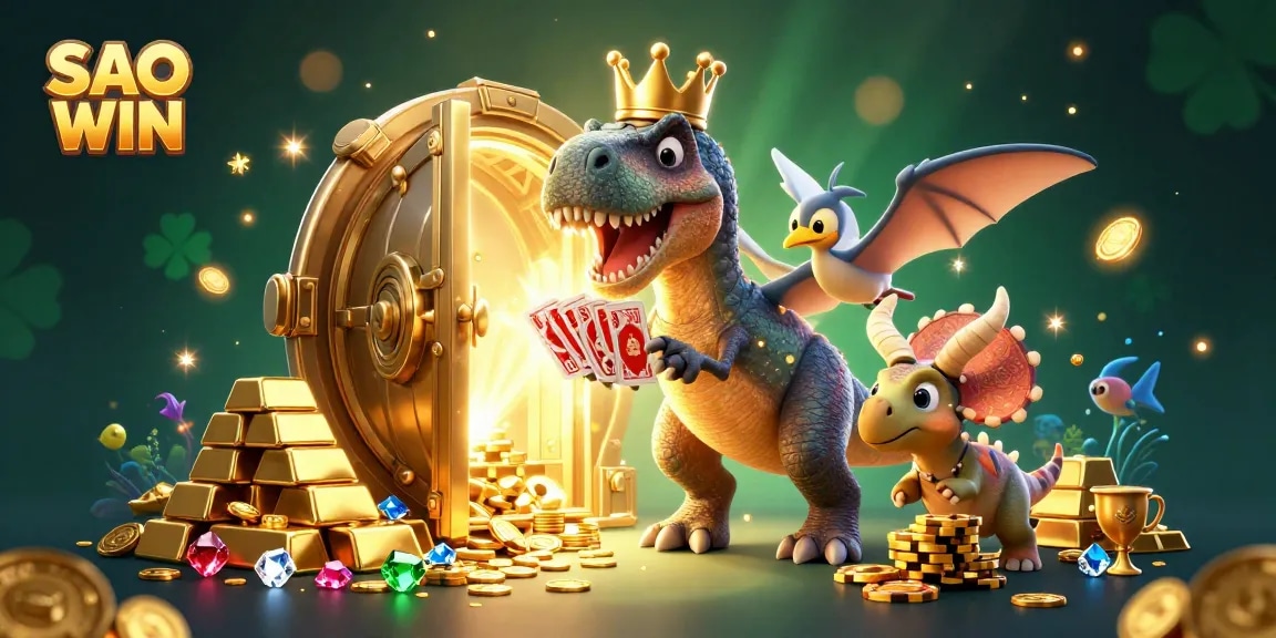 SAO WIN showcases a vibrant scene with playful dinosaurs engaging in card games surrounded by treasures.