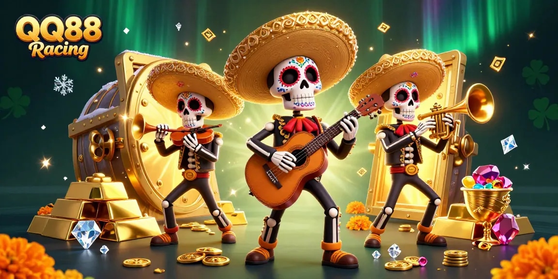 Experience thrilling gameplay with QQ88 Racing showcasing lively 3D mariachi skeletons amid treasure.