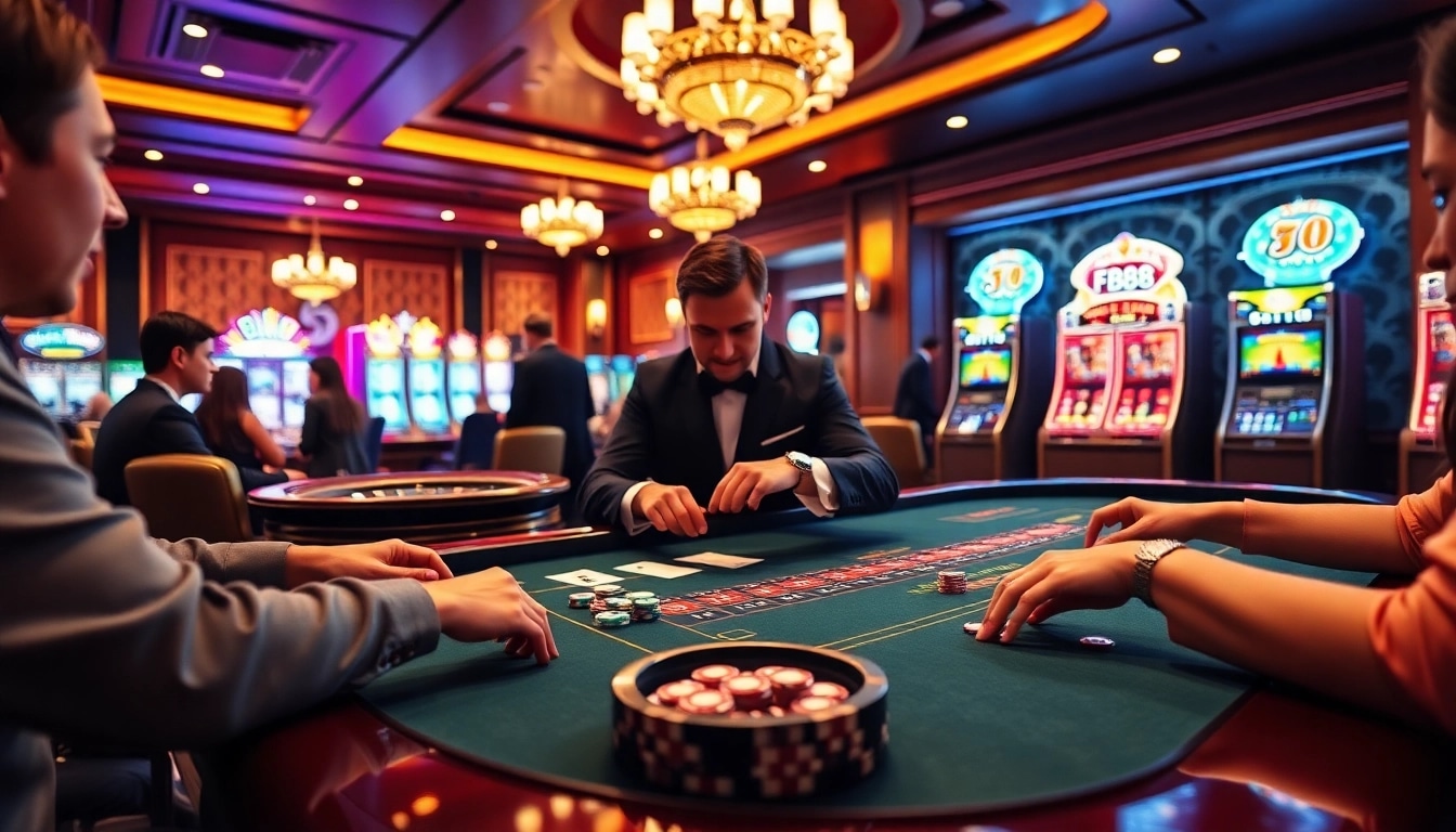 Experience thrilling gambling excitement at Fb88 with players at a vibrant table and roulette wheel.