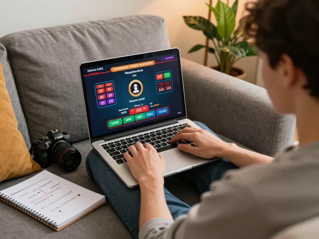 Engaged player strategizing win at gem 88 online blackjack game from cozy home.