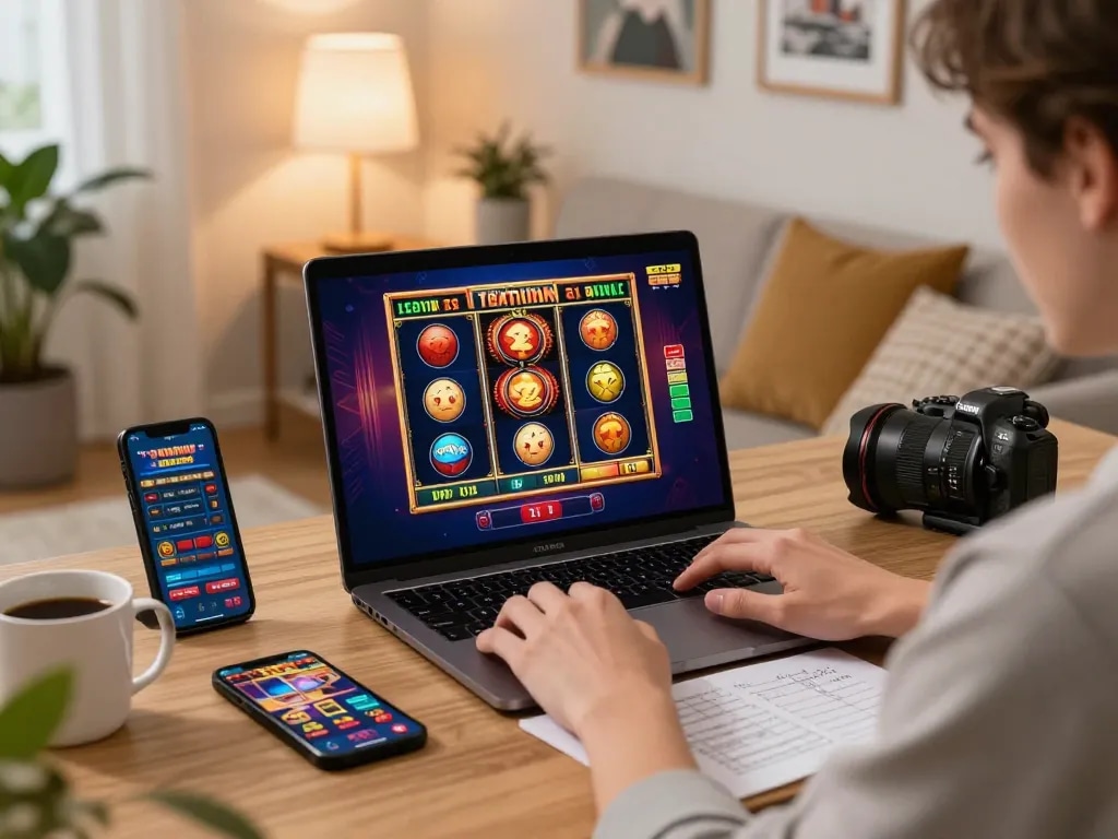 Engaged in online gaming with nhà cái uy tín Sunwin, person plays slot game on their laptop in a stylish home setting.