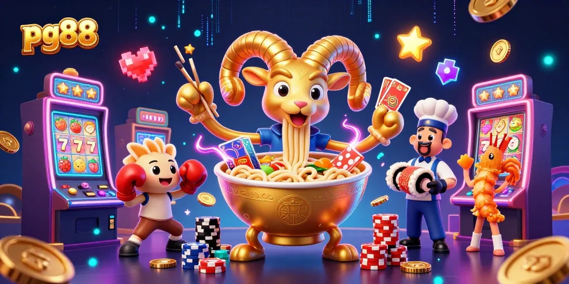 Experience pg88's colorful world of fun as the ramen bowl deals cards and stacks chips.