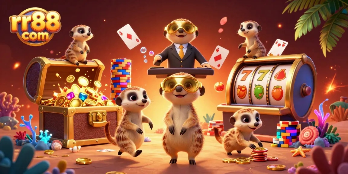Experience thrilling winnings at rr88 com with a lively meerkat casino operation in a vibrant, detailed scene.
