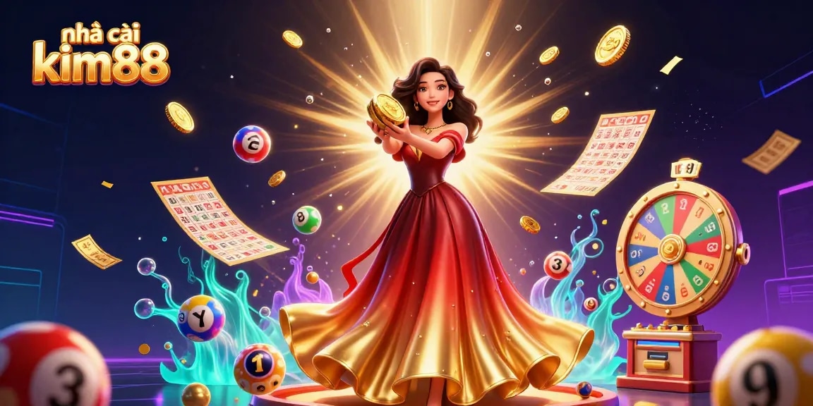 Experience the thrill of nhà cái kim88 with vibrant game elements and a stunning Asian woman holding a golden coin.