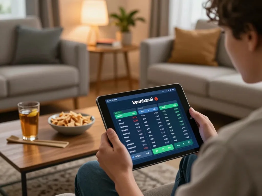 Engaging in keonhacai sports betting on a tablet in a cozy home environment