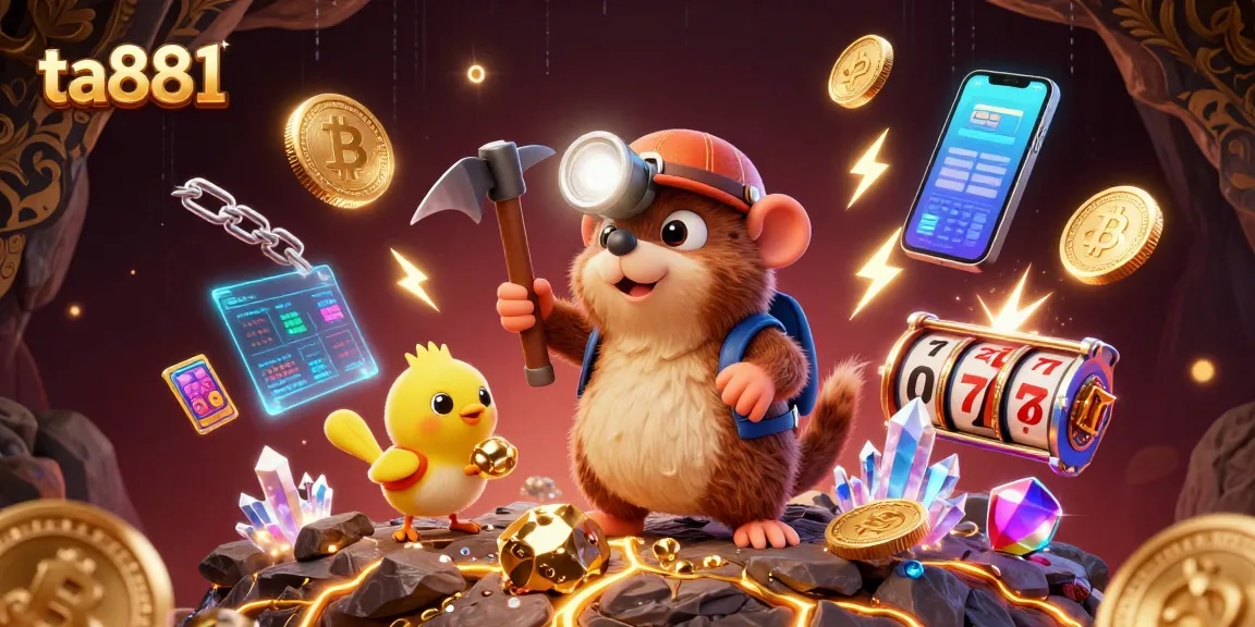 Experience ta881's thrilling jackpot action as the mole mines gems surrounded by cryptocurrency elements and slot game symbols.