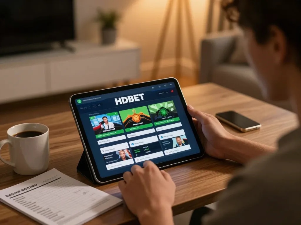 Person using HDBET sports betting app on tablet while reviewing strategy notes in cozy home setting.