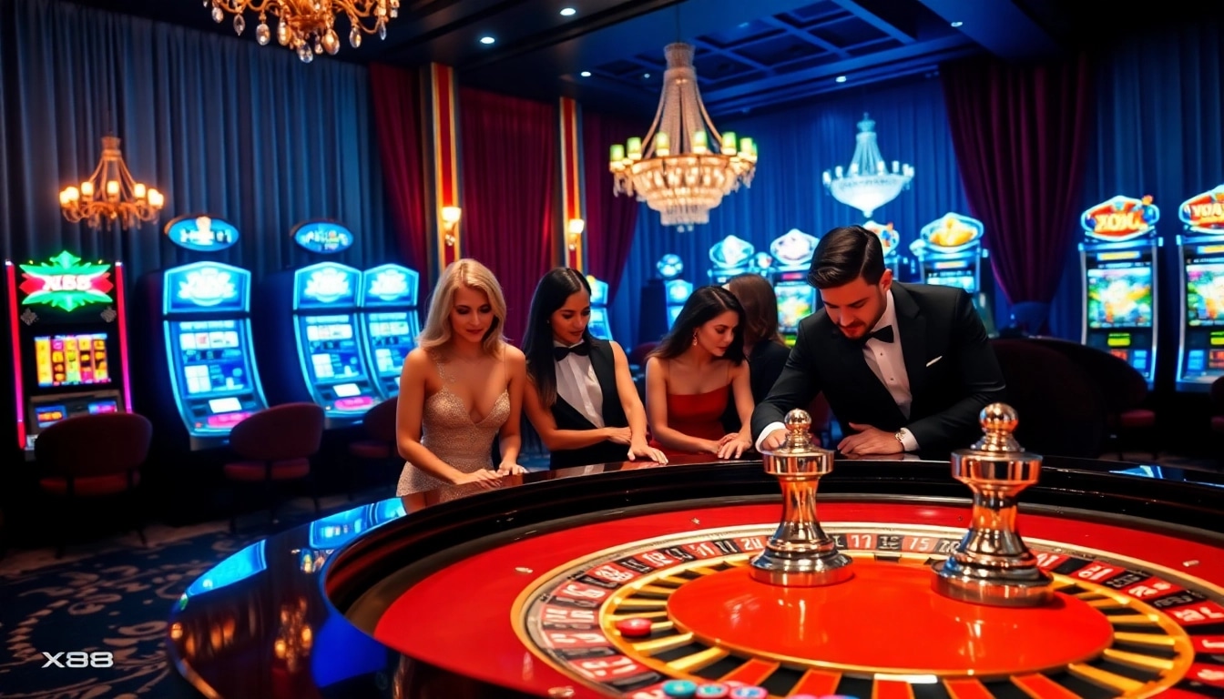 Winning at the X88 casino, players engage at a vibrant roulette table.