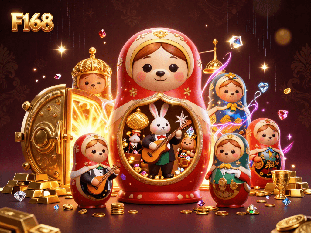 Spin to win big at F168 with a vibrant casino scene featuring nested bears and treasures.