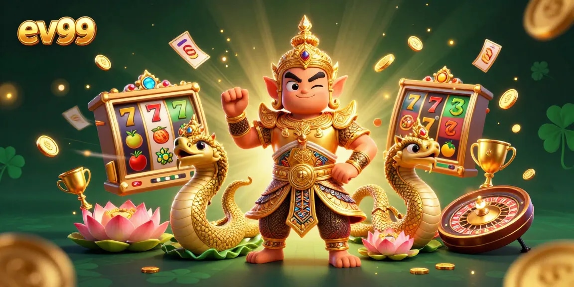 Spin the reels with ev99 in a vibrant casino scene featuring a lively Thai guardian and golden treasures.