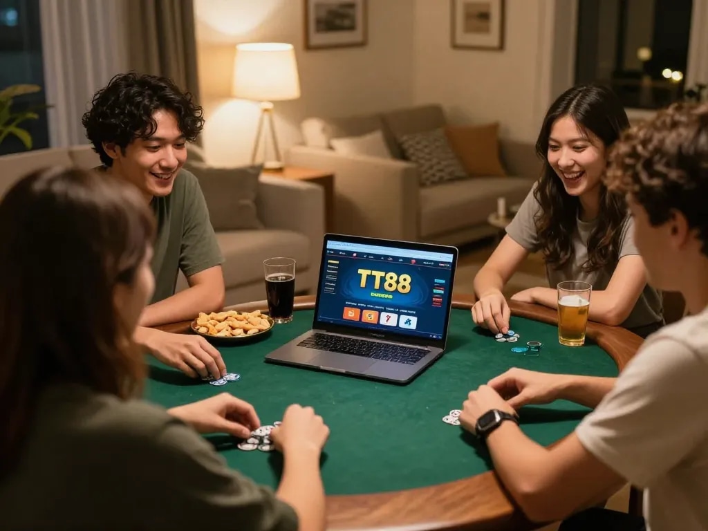 Players enjoying a poker game on TT88's platform, with snacks and laughter filling the room.