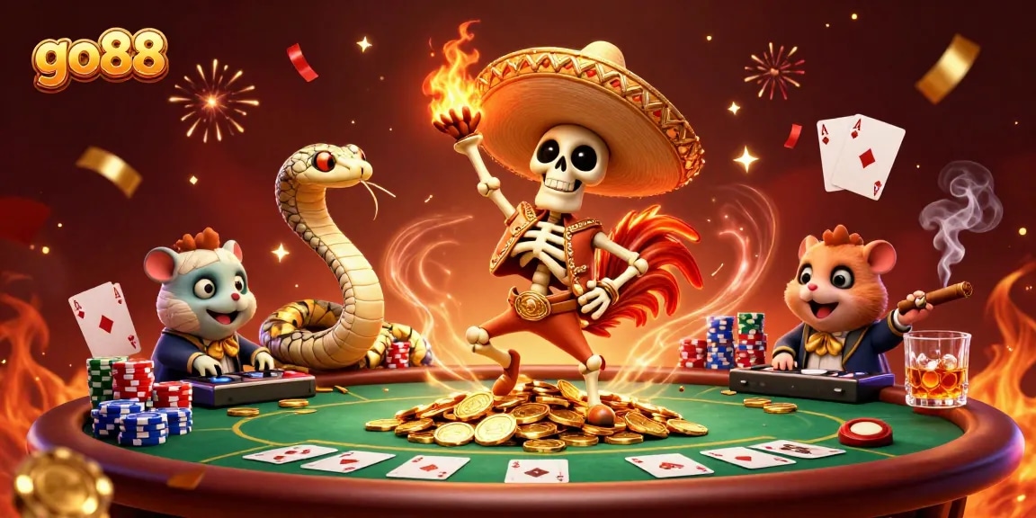 Go88 showcases a vibrant casino celebration with a skeleton rooster, mummy snake, and DJ hamster.