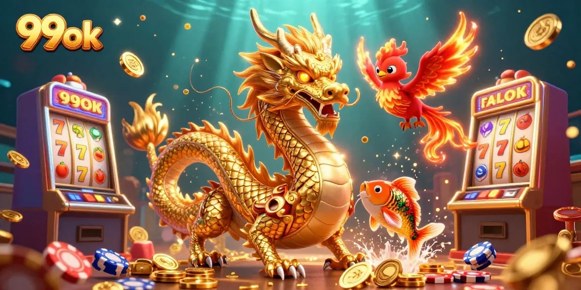 Spin the reels with 99ok's vibrant dragon, phoenix, and koi fish amidst gold coins in a thrilling casino scene.
