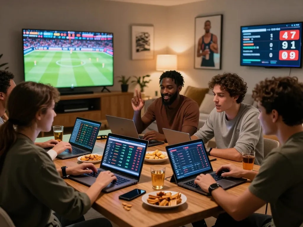 Friends enjoying a lively online gambling session with rikbet, strategizing over laptops and snacks in a vibrant living room.