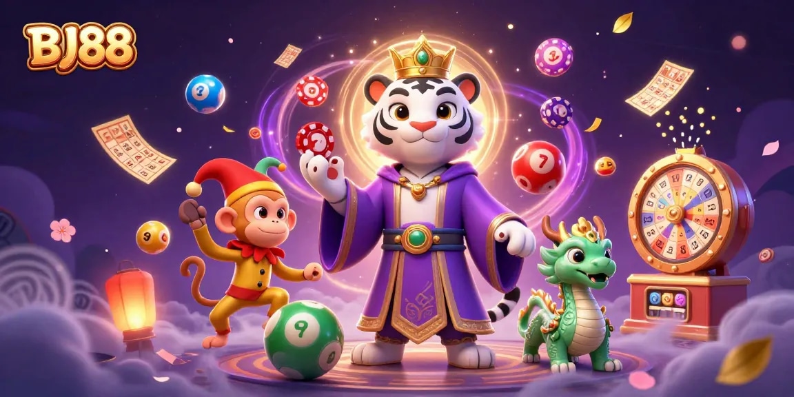 Engage with BJ88's gaming world as a cartoon tiger, monkey, and dragon come alive in a vibrant casino scene.