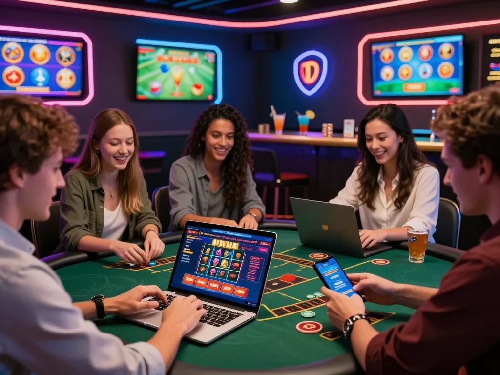 Group of friends enjoying AZ888 online casino games with vibrant neon lights and digital interfaces.