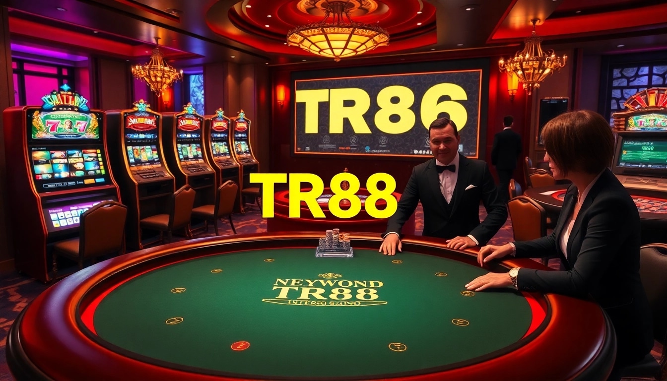 Experience the excitement of TR88 at a luxury casino with vibrant slot machines and a roulette wheel.
