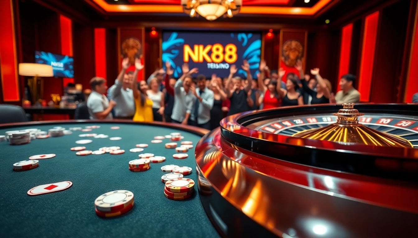Experience NK88 with an engaging poker table scene showcasing chips and cards in a vibrant casino atmosphere.