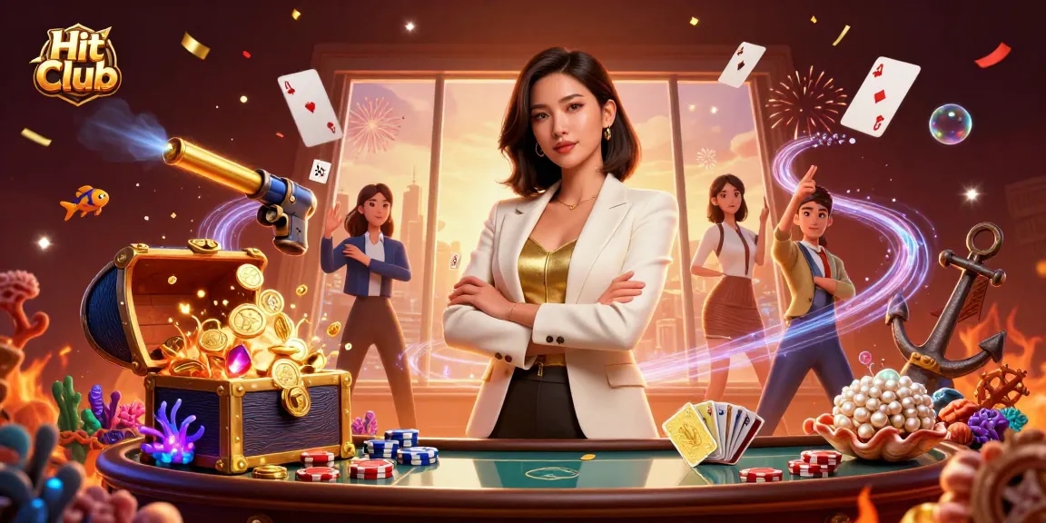 Hit Club showcases an Asian woman dealer holding a golden deck of cards in a vibrant casino setting.