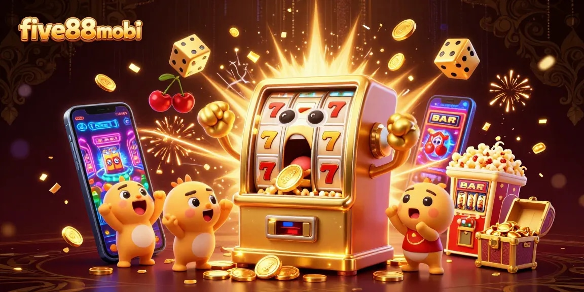 Spin and win big with five88mobi as the animated golden slot machine celebrates a jackpot!