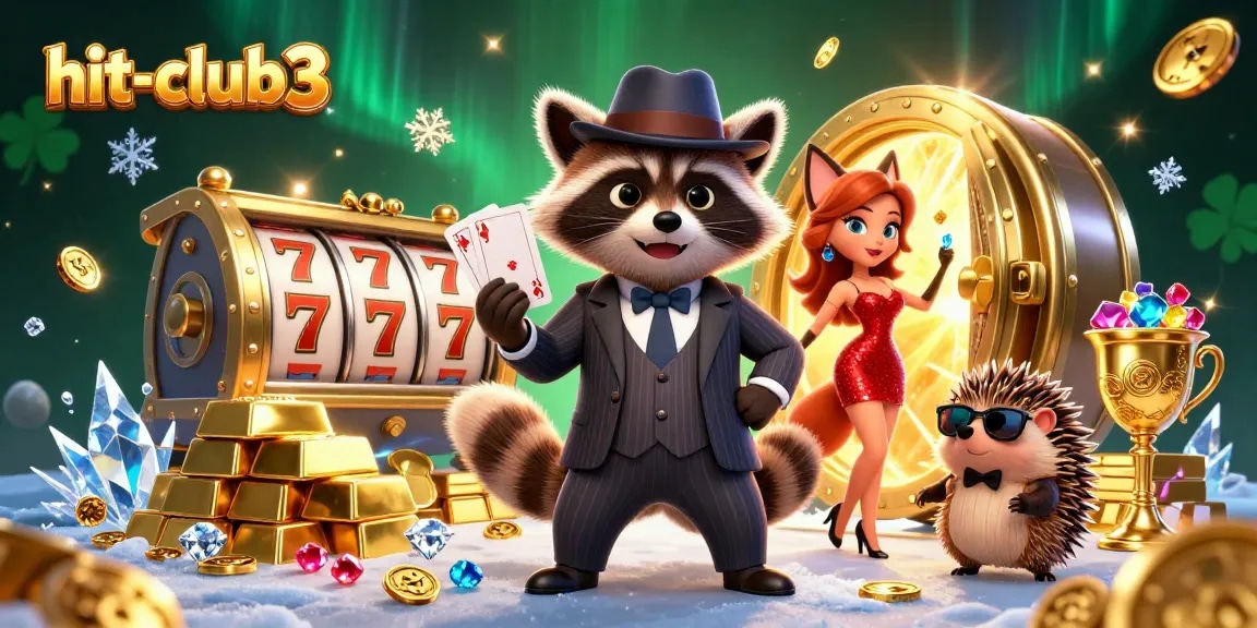 Experience the excitement and treasures of hit-club3 with a dynamic casino scene featuring cartoon characters amidst golden jackpots and vibrant reels.